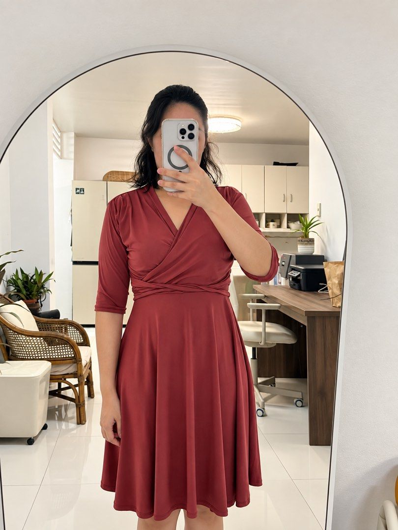 Brown Wrap Midi Dress with Belt (Category: Dresses) located in Manila. Submitted by marieladea47607 (Listing ID 1463486073, Image 2). Description: - Lovely reddish brown midi dress - Flattering wrap front design - Adjustable tie belt to cinch the waist - Comfortable three-quarter length sleeves - Beautiful drape and flared skirt - Versatile for casual or dressed-up looks.