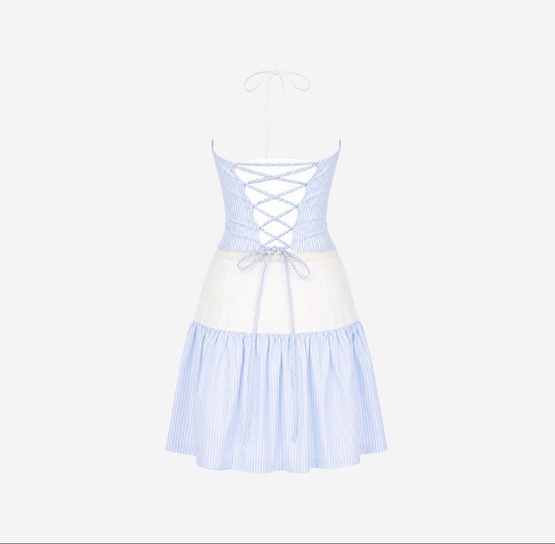 BSCO Piper Set (Category: Dresses) located in Baliuag. Submitted by haoareuu (Listing ID 1465173590, Image 2). Description: - blue and white pinstripe midi dress with a flared skirt - halter neckline with a white contrast top panel and corset-style bodice - open back with lace-up crisscross ties and adjustable halter straps - size M - brand new, sinukat lang - with tag and ziplock bag - RFS: declutter - price slightly negotiable, just really need
