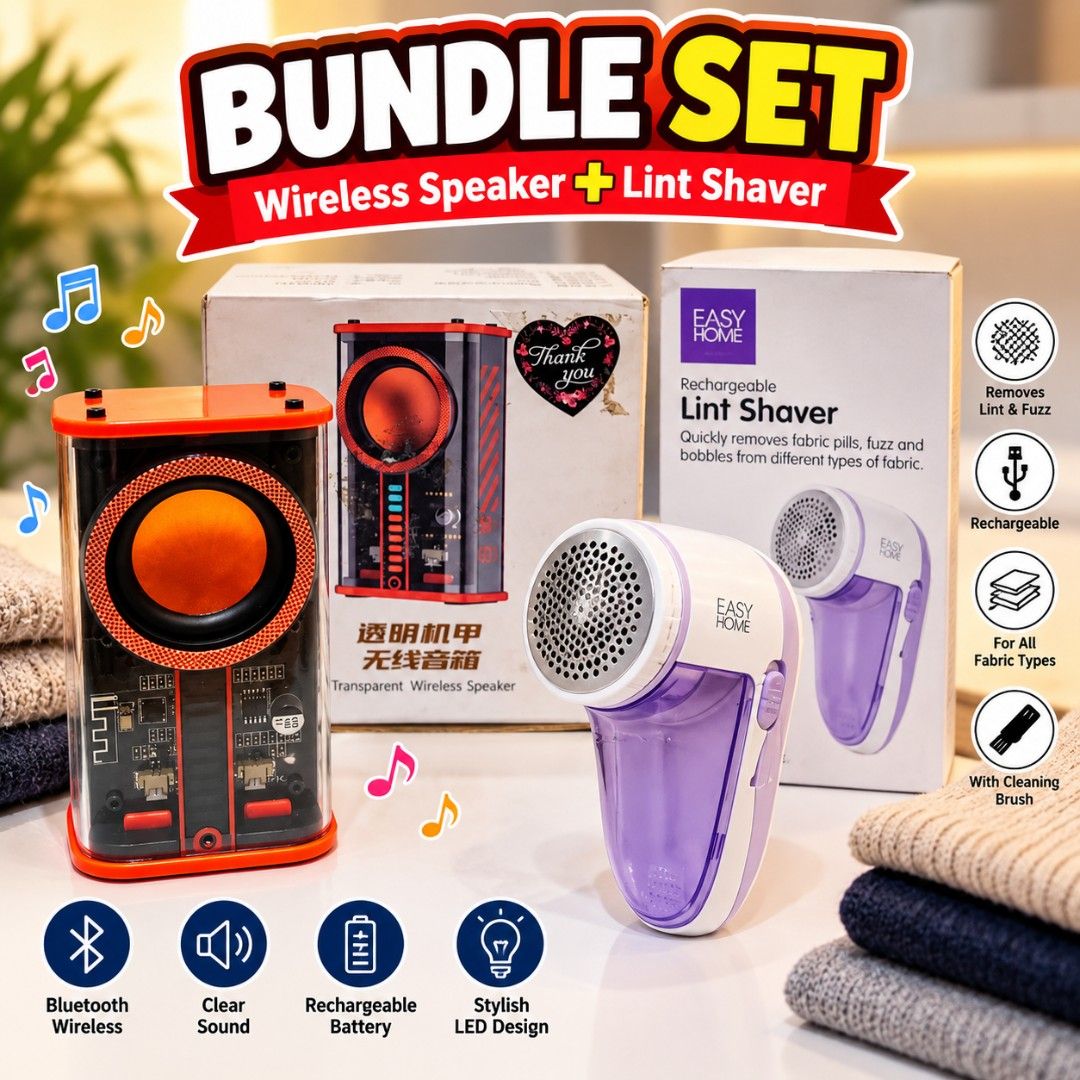 BUNDLE SET – Wireless Speaker + Rechargeable Lint Shaver 🔥 (Category: Soundbars, Speakers & Amplifiers) located in Pasig City. Submitted by realistic28 (Listing ID 1465294676, Image 1). Description: ✨ 2-in-1 sulit bundle! Perfect for home use or pang-regalo. 🔊 Transparent Wireless Speaker • Stylish transparent design with orange accent • Wireless/Bluetooth connection • Rechargeable • Compact at madaling dalhin • Great for music, movies & casual