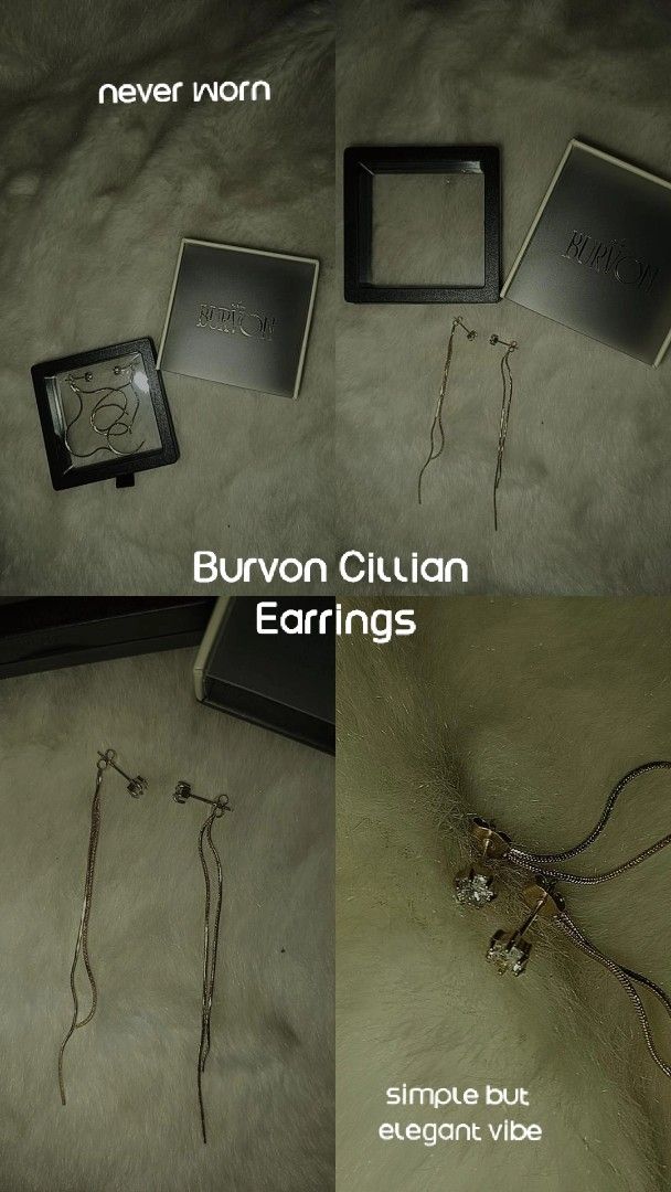 Burvon Cillian Dangling Earrings (Category: Earrings) located in Manila. Submitted by mabe_lll (Listing ID 1465289070, Image 2). Description: - Brand: Burvon Cillian earrings - Condition: Brand new in box, never worn (received a duplicate gift) - Material: Non-tarnish quality verified through daily wear - Design: Simple style with dangling chains and stone studs - Inclusions: Comes with original packaging box - Perfect for everyday use.