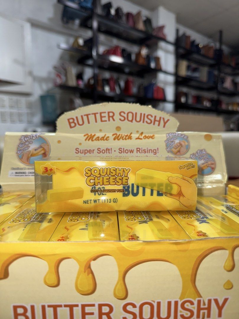 CRUNCHY Butter Squishy Cheese (Category: Kids Toys) located in Manila. Submitted by lychie03 (Listing ID 1465215057, Image 1). Description: - Adorable butter stick design that looks and feels fun - Super soft and satisfying slow-rising texture - Weighs 4 oz (113g) for a great hand-feel - Brand new, comes in its original display box - Recommended for ages 3 and up, perfect for gifting or collecting.