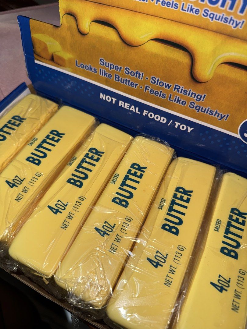 Butter Squishy Toy Slow Rising (Category: Kids Toys) located in Manila. Submitted by lychie03 (Listing ID 1465215291, Image 2). Description: - Realistic design: Looks and feels like a real stick of salted butter - Super soft & slow rising: Made with satisfying, high-quality squishy material - Great value: Display box includes 12 pieces total (4 oz per stick) - Versatile use: Perfect as a stress relief toy or a funny gag gift - Important note: NOT