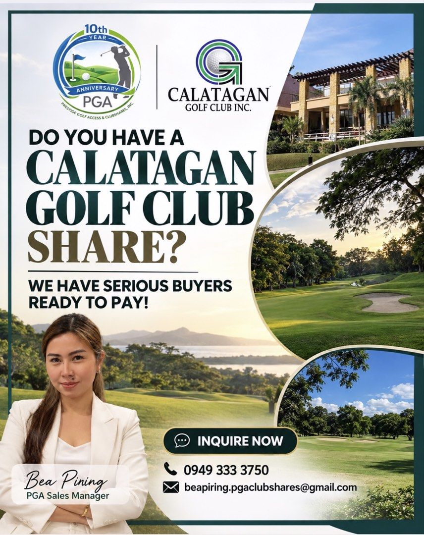 ⛳️CALATAGAN GOLF CLUBSHARE (Category: Golf) located in Muntinlupa City. Submitted by beapring.pgaclubshares (Listing ID 1465291776, Image 1). Description: ⛳️DO YOU HAVE A CALATAGAN GOLF CLUB SHARES FOR SALE? We have serious and ready buyers. Message us today for a sample breakdown, and complete details. BEA PIRING PGA Sales Manager #calatagangolfclub #golfshares #pgaclubshares.