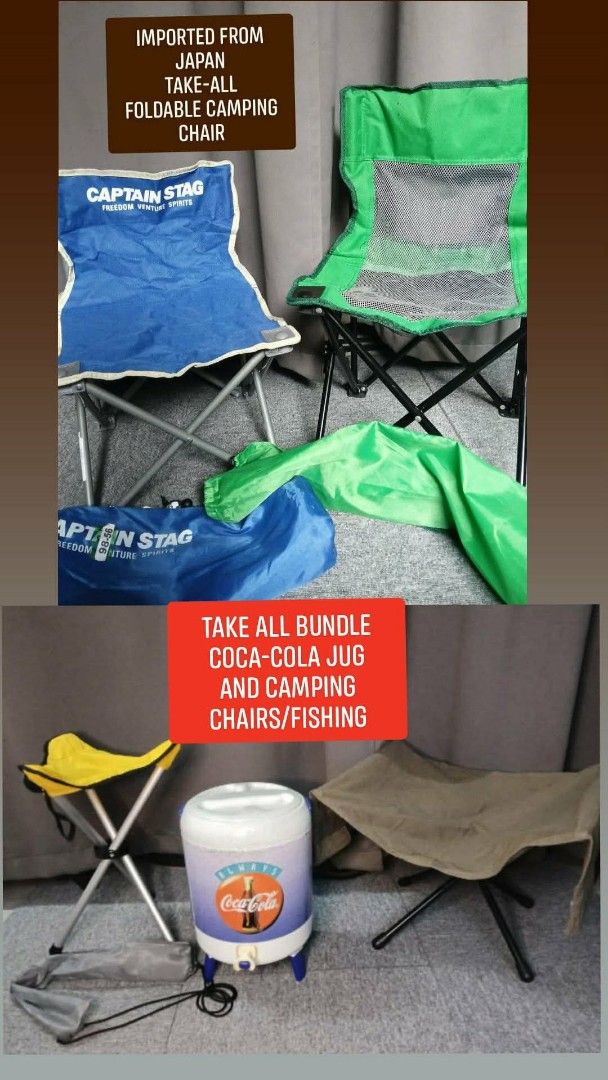 Captain Stag Foldable Camping Chair and Mesh Chair Bundle (Category: Hiking & Camping) located in Valenzuela. Submitted by se_japansurplus (Listing ID 1465350836, Image 1). Description: 🔥🔥IMPORTED FROM JAPAN🎌 TAKE-ALL BUNDLE FOLDABLE CAMPING CHAIR/COCA-COLA JUG🔥🔥 🎌ALLOY STEEL FRAME 🎌SLIMTYPE FOLD 🎌GOOD FOR INDOOR AND OUTDOOR 🎌WITH BAG 🎌LIGHTWEIGHT NO ISSUE‼️ IN GOOD CONDITION.