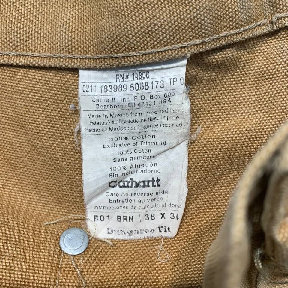 Carhartt Double Knee Worker Pants (Category: Jeans) located in Mandaluyong City. Submitted by theroom501 (Listing ID 1465359994, Image 3). Description: Carhartt Double Knee Worker Pants Style Code: BO1 BRN Size on Tag: 38 Color: Brown Condition: Good pre-owned condition with a heavily distressed vintage look. Flaws/Issues: Heavy distressing throughout the fabric paint stain. Flat Lay Measurements: Pit to Pit: 38 inches Length: 46 inches Leegopeni