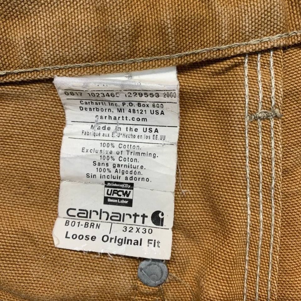 Carhartt Double Knee Worker Pants (Category: Jeans) located in Mandaluyong City. Submitted by theroom501 (Listing ID 1465361499, Image 3). Description: Carhartt Double Knee Worker Pants Style Code: BO1 BRN Size on Tag: 32 Color: Brown Condition: Good pre-owned condition with a heavily distressed vintage look. Flaws/Issues: Heavy distressing throughout the fabric paint stain. Flat Lay Measurements: Pit to Pit: 32 inches Length: 40.5 inches Leegope