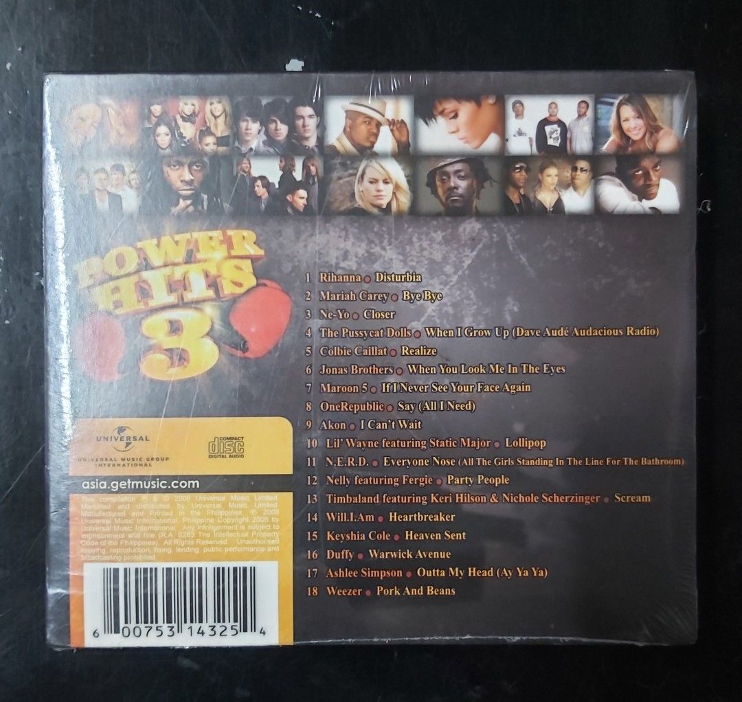 cd Power Hits 3 Compilation (sealed) (Category: CDs & DVDs) located in Antipolo. Submitted by rlt1870 (Listing ID 1465230445, Image 2). Description: cd is factory sealed. local cd. - Tracklist: 18 hits featuring Rihanna, Mariah Carey, Ne-Yo, Maroon 5, OneRepublic, and more Antipolo Rizal .
