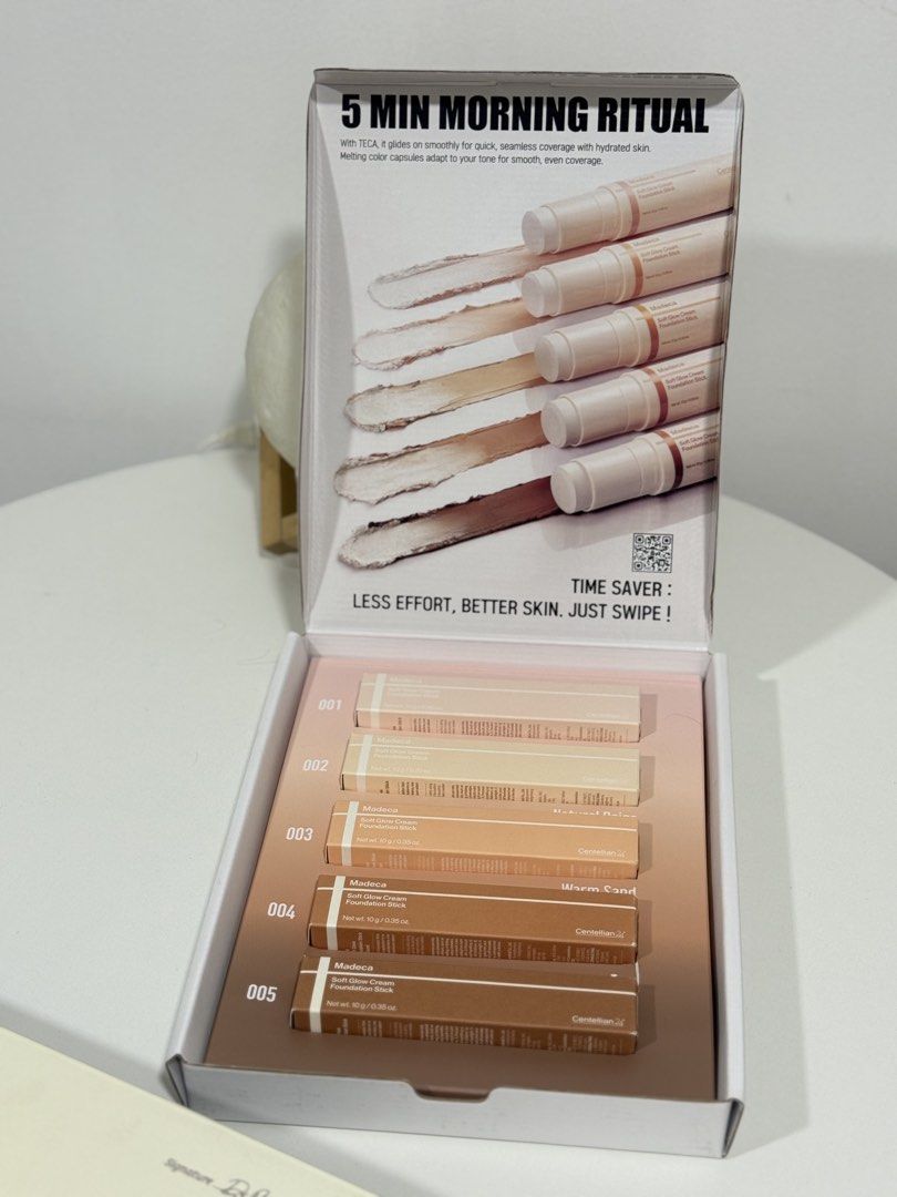 Centellian24 Madeca Soft Glow Cream Foundation Stick Set (Category: Makeup) located in Manila. Submitted by preshyyyyy_ (Listing ID 1465308276, Image 2). Description: Complete collection of Centellian24 Madeca Soft Glow Cream Foundation Sticks. Includes 5 shades from 001 Porcelain to 005 Tan. Each stick contains 10g of product with TECA for hydration and smooth coverage. Unopened box with all shades intact. Great way to try multiple tones or find