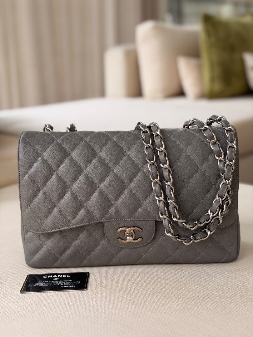 Chanel Classic Jumbo Flap in Grey Caviar (Category: Luxury Bags & Wallets) located in Pasig City. Submitted by ejereyes (Listing ID 1465310648, Image 1). Description: Chanel Classic Jumbo Flap Grey Caviar, Silver Hardware Series 18 Mint Condition Personal collection Bought in Singapore Complete with box, dust bag, authenticity card Message for any questions or inquiries :) Location is in Ugong, Pasig.