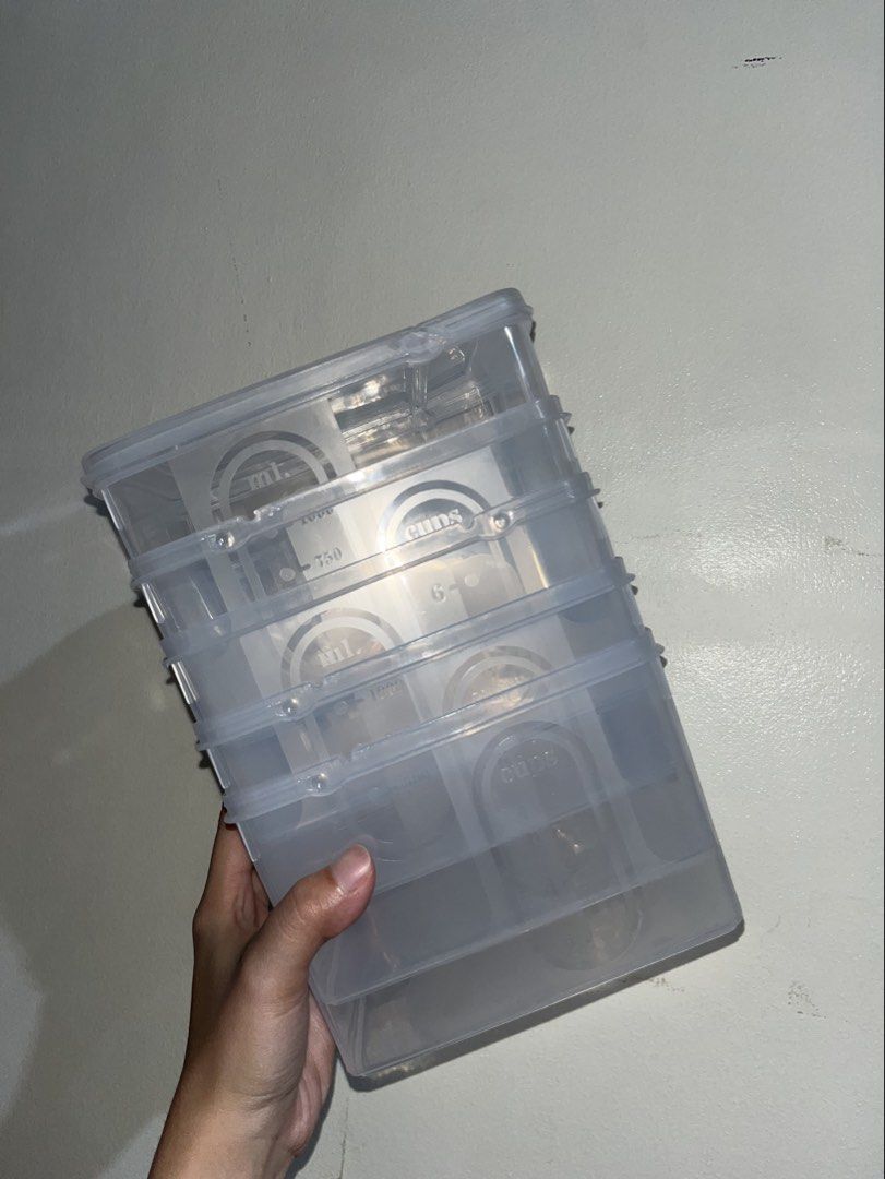 Clear Plastic Storage Containers Set with Lids (Category: Food Organization & Storage) located in Manila. Submitted by juliet.yao (Listing ID 1465307642, Image 1). Description: FOR TAKE ALL - Type: Clear plastic storage containers with secure locking lids - Design: Stackable and transparent for easy viewing - Features: Measurement markings printed on the side - Best For: Organizing pantry items, fridge goods, or craft supplies - Condition: Brand 