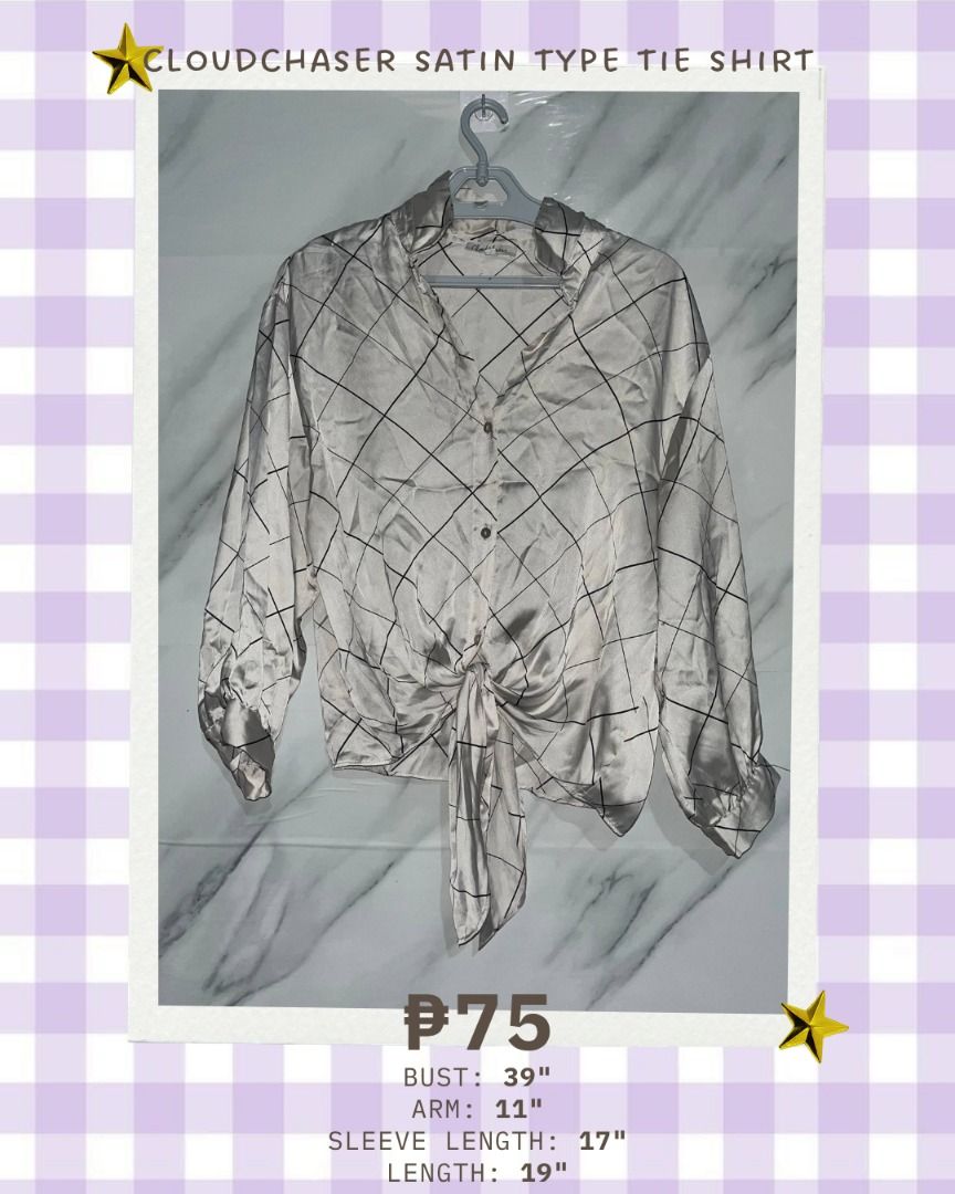 Cloudchaser Black and White Diamond Pattern Blouse with Tie Front PLEASE READ 3RD PHOTO (Category: Blouses) located in Quezon City. Submitted by memoriies (Listing ID 1465280563, Image 1). Description: - Pattern: Black and white diamond check - Material: Silky and smooth - Features: Long sleeves with button cuffs, high neck, and tie-front hem detail - Size: Fits S to M comfortably - Versatility: Ideal for both workwear and casual outings, easy to