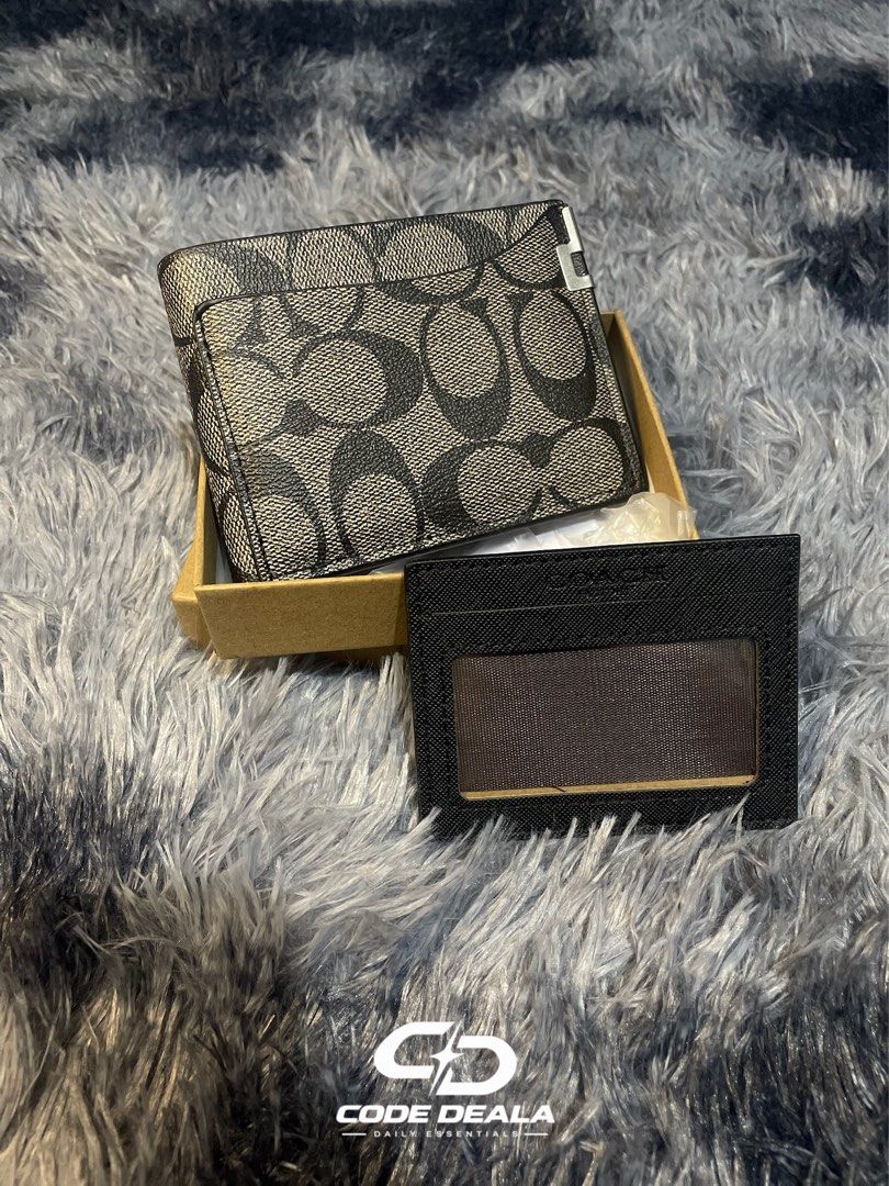 Coach Monogram Black Bi-fold Wallet with Card Holder (Category: Luxury Bags & Wallets) located in Manila. Submitted by codedeala. (Listing ID 1465295820, Image 3). Description: - Brand new, never used Coach bi-fold wallet - Classic signature monogram in charcoal and black - Includes a matching detachable card holder with ID window - Features multiple card slots and secure cash compartments - Clean stitching and sturdy, high-quality construction -