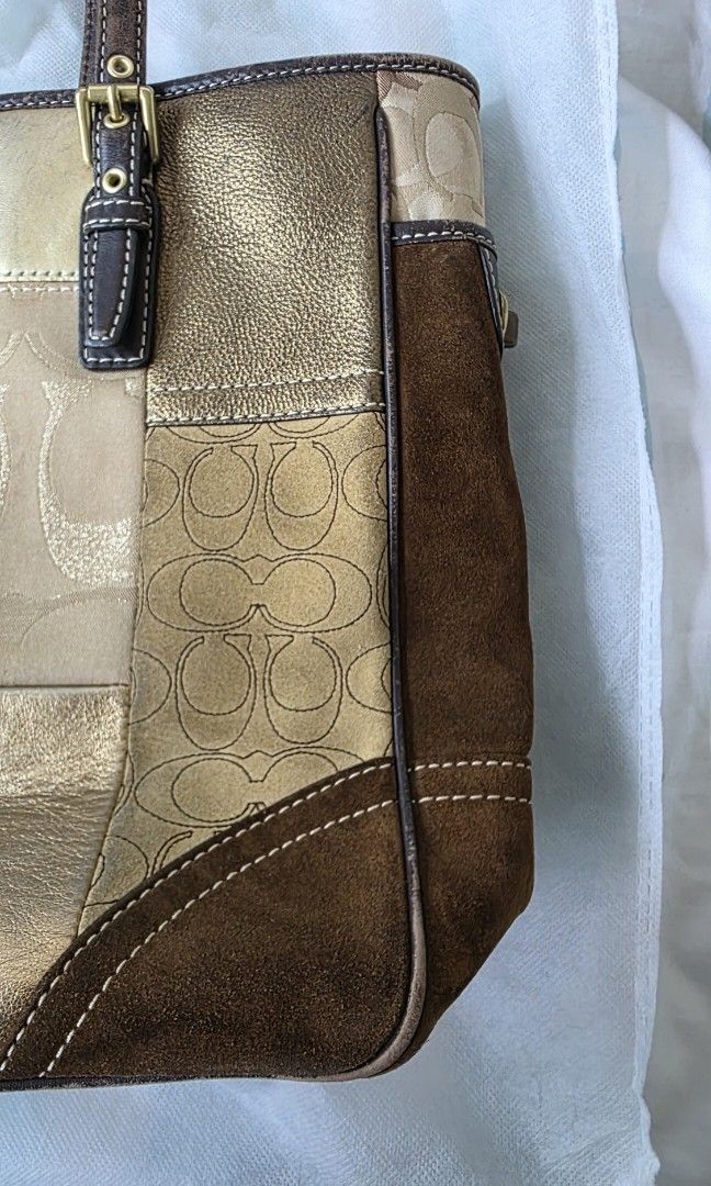 Coach patchwork (Category: Shoulder Bags) located in Singapore. Submitted by rainbowpoppy (Listing ID 1465186451, Image 7). Description: vintage coach patchwork (gold) i have tried to show actual condition of bag pls review all photos closely well used piping, straps, suede areas. with hangtag and generic dust bag (not coach) preloved, not for fussies. meet up at khatib.
