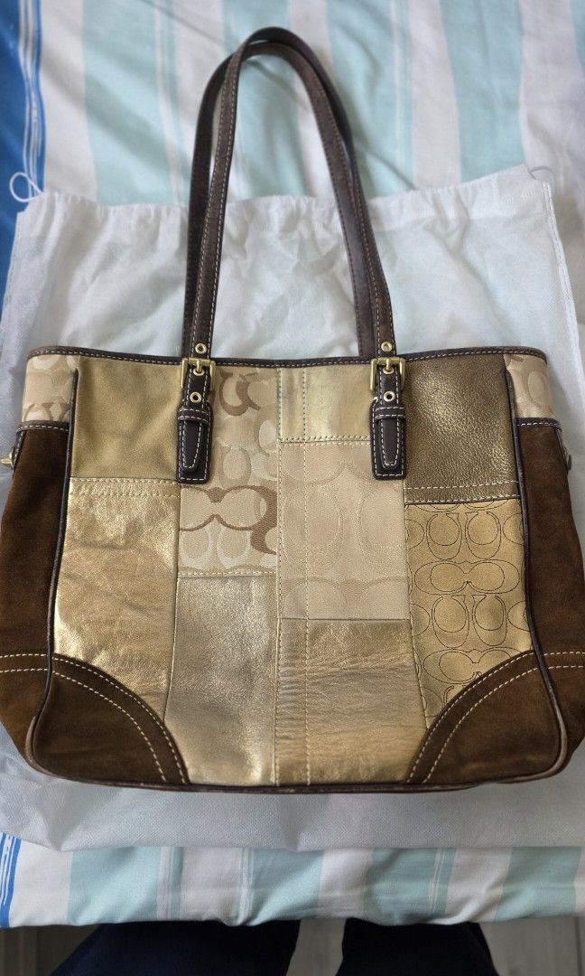 Coach patchwork (Category: Shoulder Bags) located in Singapore. Submitted by rainbowpoppy (Listing ID 1465186451, Image 2). Description: vintage coach patchwork (gold) i have tried to show actual condition of bag pls review all photos closely well used piping, straps, suede areas. with hangtag and generic dust bag (not coach) preloved, not for fussies. meet up at khatib.
