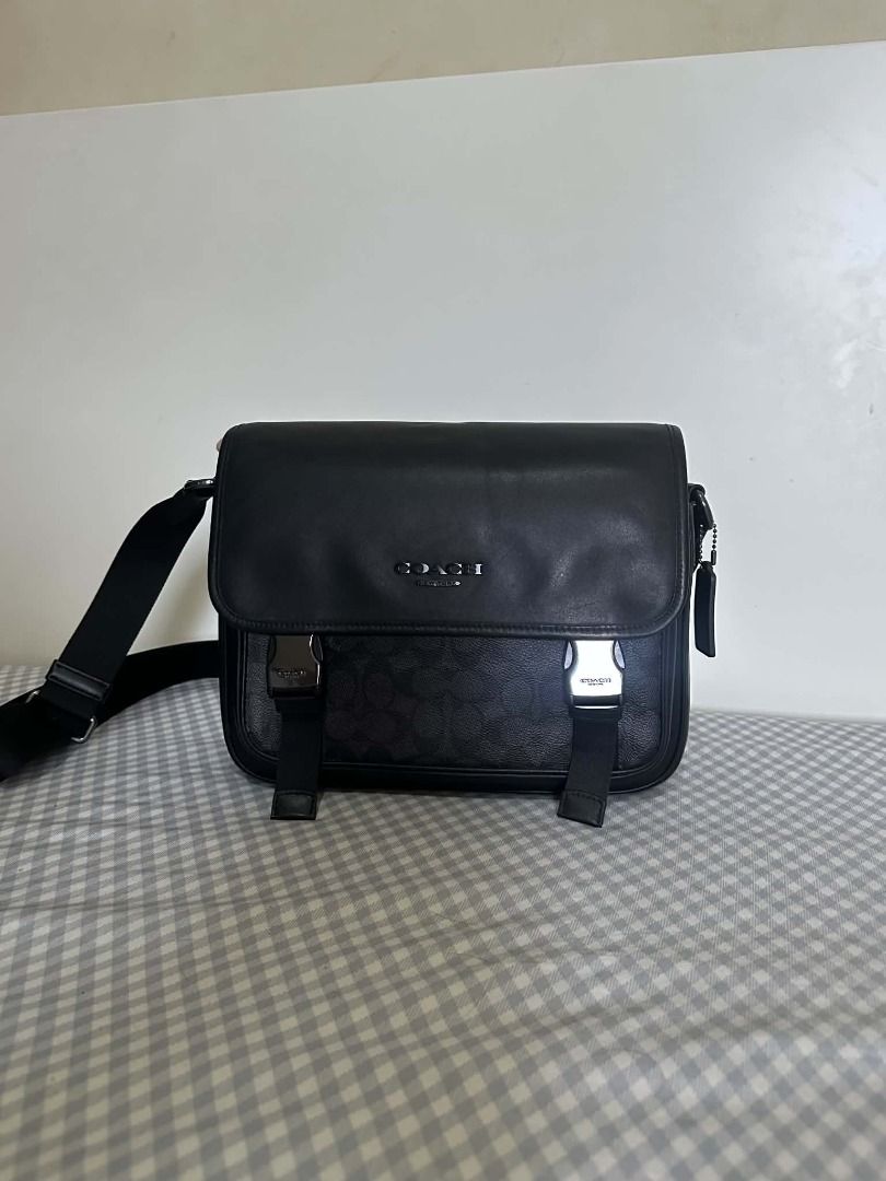 Coach Racer Messenger Bag (Category: Sling Bags) located in Manila. Submitted by etaudax (Listing ID 1465248818, Image 2). Description: Brand: Coach Material: Black leather Condition: 8/10 Used RFS: Decluttering.