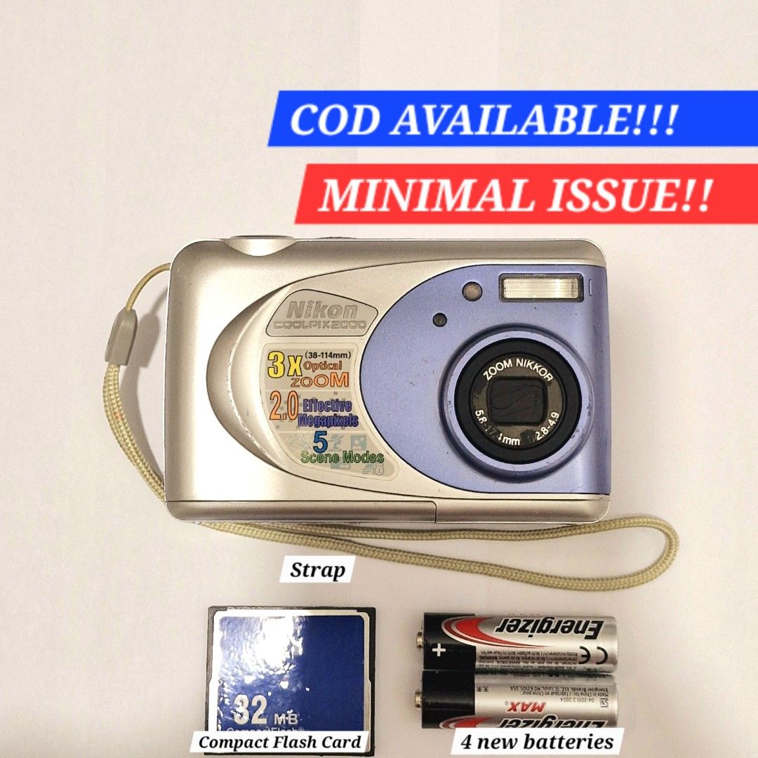 (COD AVAILABLE!!!) Nikon Coolpix 2000 Digicam (Category: Cameras) located in Caloocan City. Submitted by konan_11359 (Listing ID 1465339002, Image 1). Description: (COD AVAILABLE!!!) Nikon Coolpix 2000 Digicam WHY CHOOSE THIS: ♡ Malakas na Flash ♡ Malinaw na output ♡ Many modes to play with. ♡ Matagal malowbat (depends sa batt) ♡ Smooth control and picture ♡ Slim and Compact ♡ Vintage Video from cam ♡ Vintage cam feel Condition: Used! All buttons