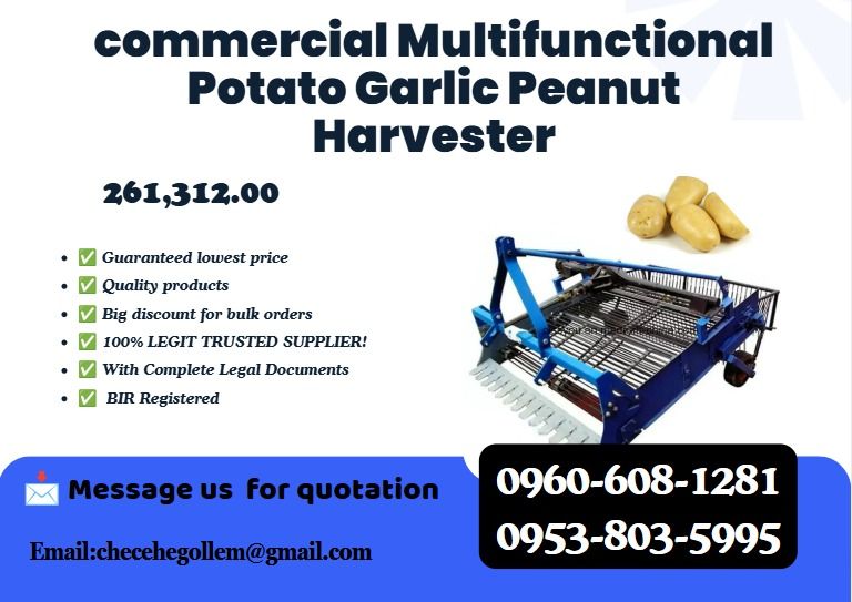 commercial Multifunctional Potato Garlic Peanut Harvester (Category: Construction Tools & Equipment) located in Caloocan City. Submitted by truehawk_e87a47 (Listing ID 1465211136, Image 1). Description: GMEC4U-1 1.Furrow: 1 2.Working width (mm): 650 3.Row spacing(mm):550-600 4.Weight: 200kg 5.Efficiency: 3500M2/H 6.Harvest rate: 99% 7.Losing rate: 1% 8.Match power: 20-35HP .