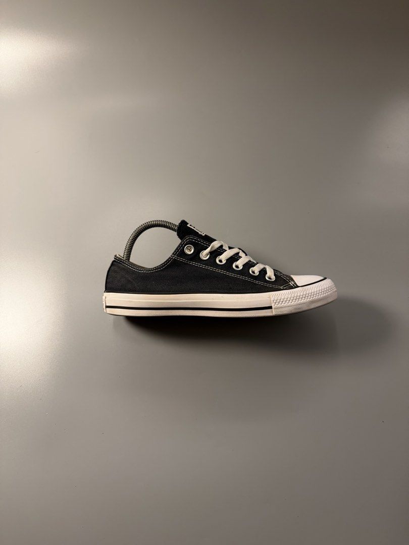 Converse All Star Black Low Top Sneakers (Category: Sneakers) located in Quezon City. Submitted by markieexp (Listing ID 1465283792, Image 2). Description: - Brand: Converse - Style: Low-top canvas sneakers - Color: Black with white contrast stitching and white rubber sole - Size: US Men's 7 / Women's 9 / EU 40 - Condition: Clean, interior tags intact, minimal wear on bottom tread - Inclusions: Original white laces.