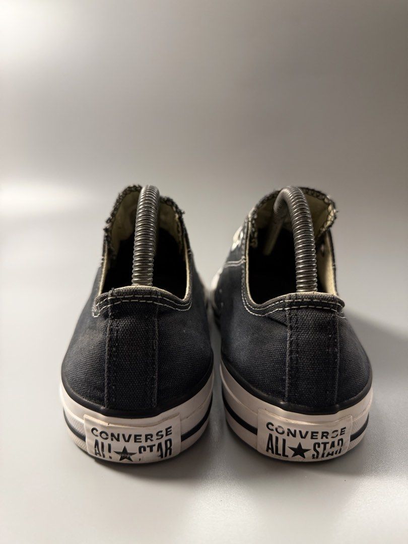 Converse All Star Low Black Sneakers (Category: Sneakers) located in Caloocan City. Submitted by maempenafi21452 (Listing ID 1465281686, Image 3). Description: - Item: Black canvas Converse low top sneakers - Size: US Men's 7 / US Women's 9 / EU 40 - Style: Unisex, classic white rubber toe cap, contrast stitching, and standard lace-up - Condition: Clean soles with minimal wear on tread, ready to wear.