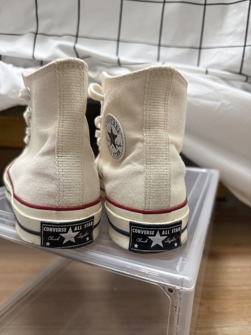 Converse Chuck 70 High Top Parchment (Category: Sneakers) located in Luisiana. Submitted by princesses18078 (Listing ID 1465310295, Image 3). Description: - Item: Converse Chuck 70 High Top - Color: Parchment / Cream - Size: Men's 4, Women's 6, UK 4, EUR 36.5, 23 cm - Condition: Worn a few times, soles and uppers are still very clean - Features: Classic canvas upper, rubber toe cap, and black All Star heel patch - Style: Versatile neutral aesthet