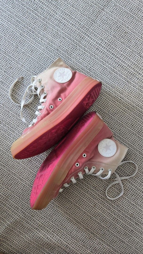 Converse Chuck Taylor All Star High Top Pink Gradient (Category: Sneakers) located in Manila. Submitted by gratsimaravilla (Listing ID 1465189848, Image 3). Description: - Brand: Converse High Top Sneakers - Size: Mens 7.5, Womens 9.5 - Colorway: Stunning pink and cream gradient canvas upper - Details: Semi-translucent rubber midsoles and toe caps, white laces, and classic All Star ankle patches - Insoles: Custom orange logo insoles - Condition: 