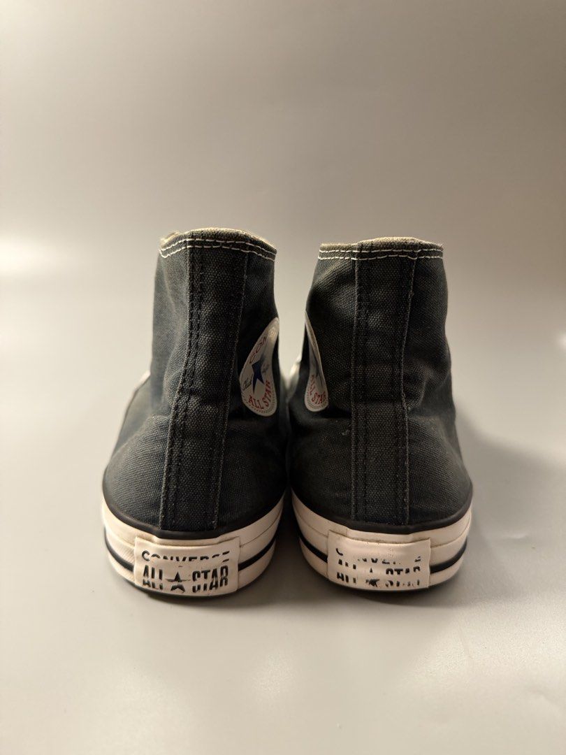 Converse Chuck Taylor All Star High Top Dark Grey (Category: Sneakers) located in Caloocan City. Submitted by maempenafi21452 (Listing ID 1465281367, Image 3). Description: - Brand: Converse Chuck Taylor All Star - Style: High top sneakers in dark grey canvas with white laces and contrast stitching - Size: US Men's 7.5 / Women's 9.5 (indicated on tongue tag) - Condition: Minor wear on soles, clean traction patterns, rubber toe cap intact - Featur
