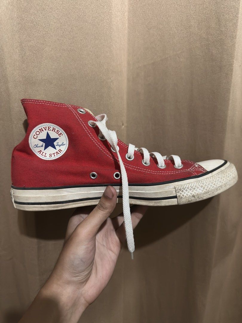 Converse Chuck Taylor All Star High Top Red (Category: Sneakers) located in Quezon City. Submitted by bebe0827 (Listing ID 1465301001, Image 1). Description: - Brand: Converse - Model: Chuck Taylor All Star High Top - Color: Vibrant Red - Material: Durable canvas upper - Details: White rubber toe cap, midsoles with classic black piping, white laces with metal eyelets - Feature: Iconic ankle patch on the inner side - Style: Great classic casual sn