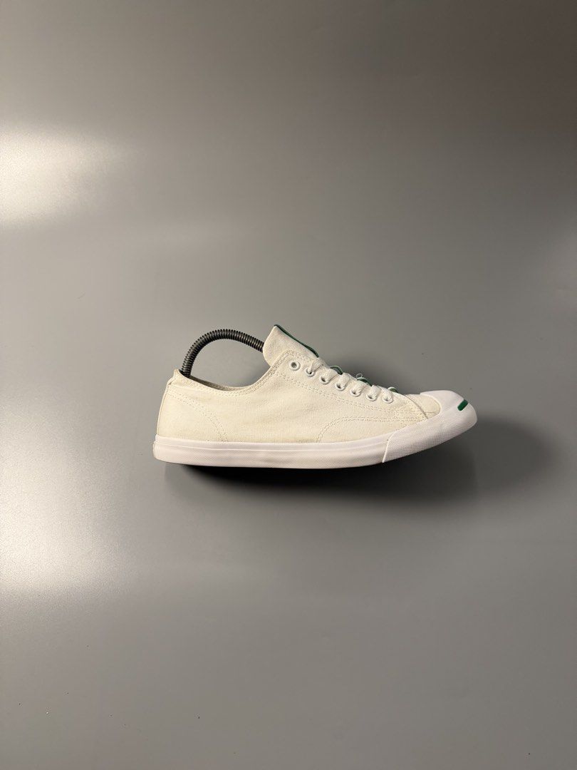 Converse Jack Purcell White Canvas Sneakers Size 8.5 (Category: Sneakers) located in Caloocan City. Submitted by maempenafi21452 (Listing ID 1465281364, Image 2). Description: - Brand/Model: Converse Jack Purcell - Color: White canvas with green contrast accents - Size: Men's 8.5 / Women's 10 - Condition: Clean uppers with minor wear, moderate wear on soles from regular use - Features: Classic low-top style with signature rubber smile toe cap - S
