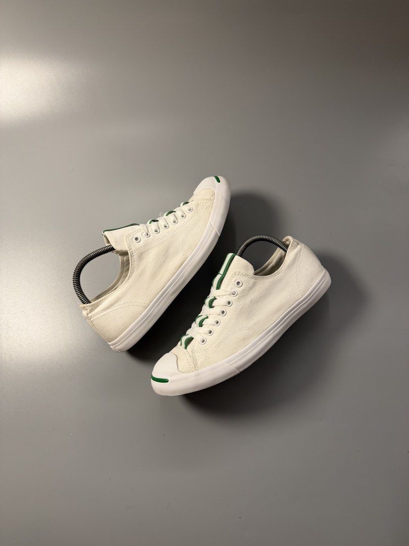 Converse Jack Purcell White Canvas Sneakers Size 8.5 (Category: Sneakers) located in Caloocan City. Submitted by maempenafi21452 (Listing ID 1465281364, Image 1). Description: - Brand/Model: Converse Jack Purcell - Color: White canvas with green contrast accents - Size: Men's 8.5 / Women's 10 - Condition: Clean uppers with minor wear, moderate wear on soles from regular use - Features: Classic low-top style with signature rubber smile toe cap - S