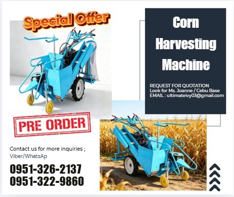 Corn Harvesting Machine Hand Push Compact Single Row Maize (Category: Everything Else Others) located in Caloocan City. Submitted by gywnnesher68219 (Listing ID 1465212782, Image 1). Description: Rated power ; 9.2kw/3600r/min Productivity ; 1-1.5acres per hour Engine type ; 195F Diesel Starting mode ; Electric start + Manual start Net weight ; 249kg Number of harvest rows ; 1 line (line spacing approximately 40 cm) ✅ 100% LEGIT TRUSTED SUPPLIER! 