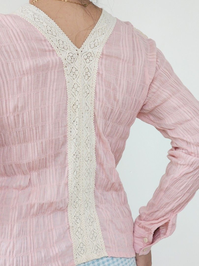 cottagecore pastel pink top (Category: Blouses) located in Batangas. Submitted by curatedbylisilaloop (Listing ID 1465214275, Image 2). Description: cottagecore pastel pink crinkled lace v-neck ruffles top Size: freesize Bust: 32-36".