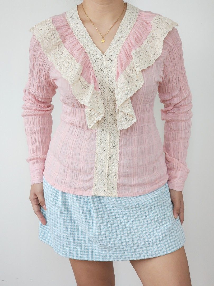 cottagecore pastel pink top (Category: Blouses) located in Batangas. Submitted by curatedbylisilaloop (Listing ID 1465214275, Image 1). Description: cottagecore pastel pink crinkled lace v-neck ruffles top Size: freesize Bust: 32-36".