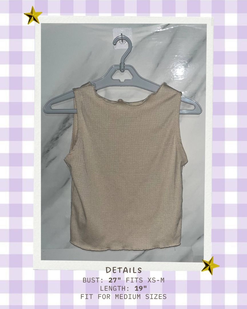 Cream Sando Lettuce Style Top PLEASE READ 3RD PHOTO (Category: Sleeveless) located in Quezon City. Submitted by memoriies (Listing ID 1465277243, Image 2). Description: - Color: Cream - Style: Basic sando with lettuce hem - Material: Stretchy ribbed knit fabric - Size: Fits XS to M frames comfortably - Measurements: 27" bust, 19" length - Condition: Brand new / Excellent - Perfect to pair with high-waisted jeans or skirts.