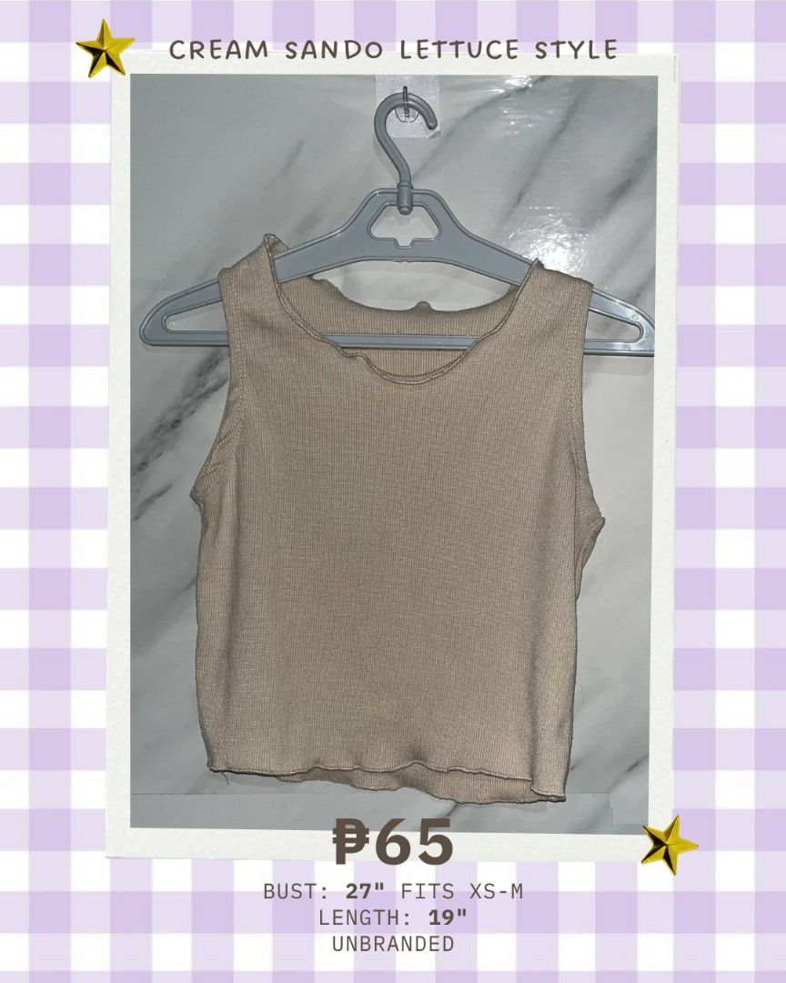 Cream Sando Lettuce Style Top PLEASE READ 3RD PHOTO (Category: Sleeveless) located in Quezon City. Submitted by memoriies (Listing ID 1465277243, Image 1). Description: - Color: Cream - Style: Basic sando with lettuce hem - Material: Stretchy ribbed knit fabric - Size: Fits XS to M frames comfortably - Measurements: 27" bust, 19" length - Condition: Brand new / Excellent - Perfect to pair with high-waisted jeans or skirts.