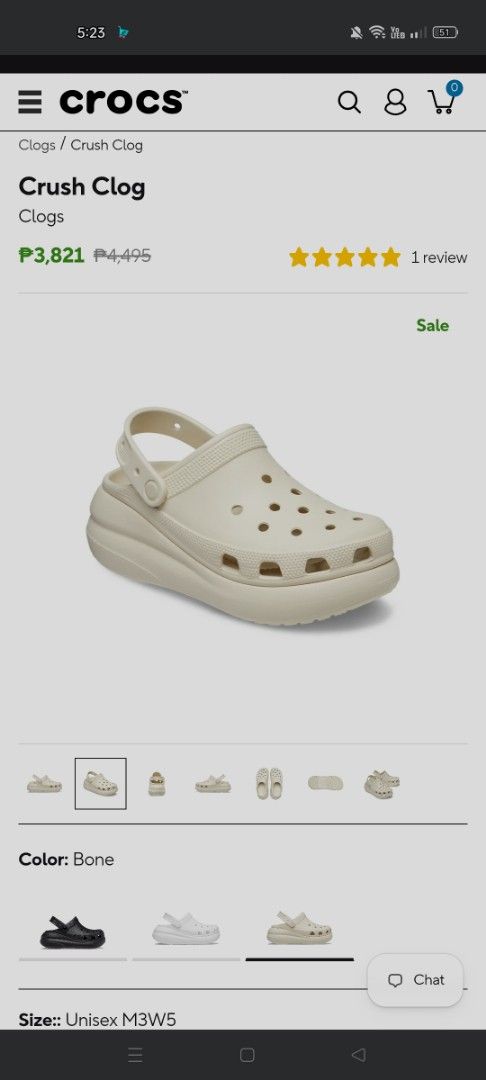 Crocs Crush Clog Bone (Category: Slippers and slides) located in Manila. Submitted by mysticflower_85161d (Listing ID 1465363901, Image 3). Description: - Model: Crocs Crush Clog - Color: Bone - Size: Unisex M6W8 - Condition: Like New - Chunky platform style with elevated height - Signature ventilation holes on the upper - Pivoting heel strap for a secure fit With free metal jibitz, bought in UAE Location: QC.