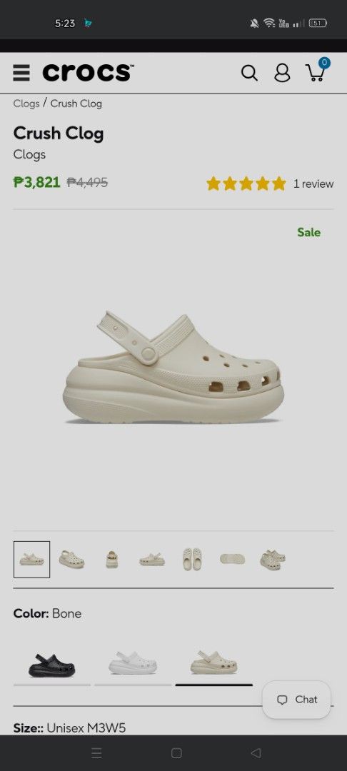Crocs Crush Clog Bone (Category: Slippers and slides) located in Manila. Submitted by mysticflower_85161d (Listing ID 1465363901, Image 2). Description: - Model: Crocs Crush Clog - Color: Bone - Size: Unisex M6W8 - Condition: Like New - Chunky platform style with elevated height - Signature ventilation holes on the upper - Pivoting heel strap for a secure fit With free metal jibitz, bought in UAE Location: QC.