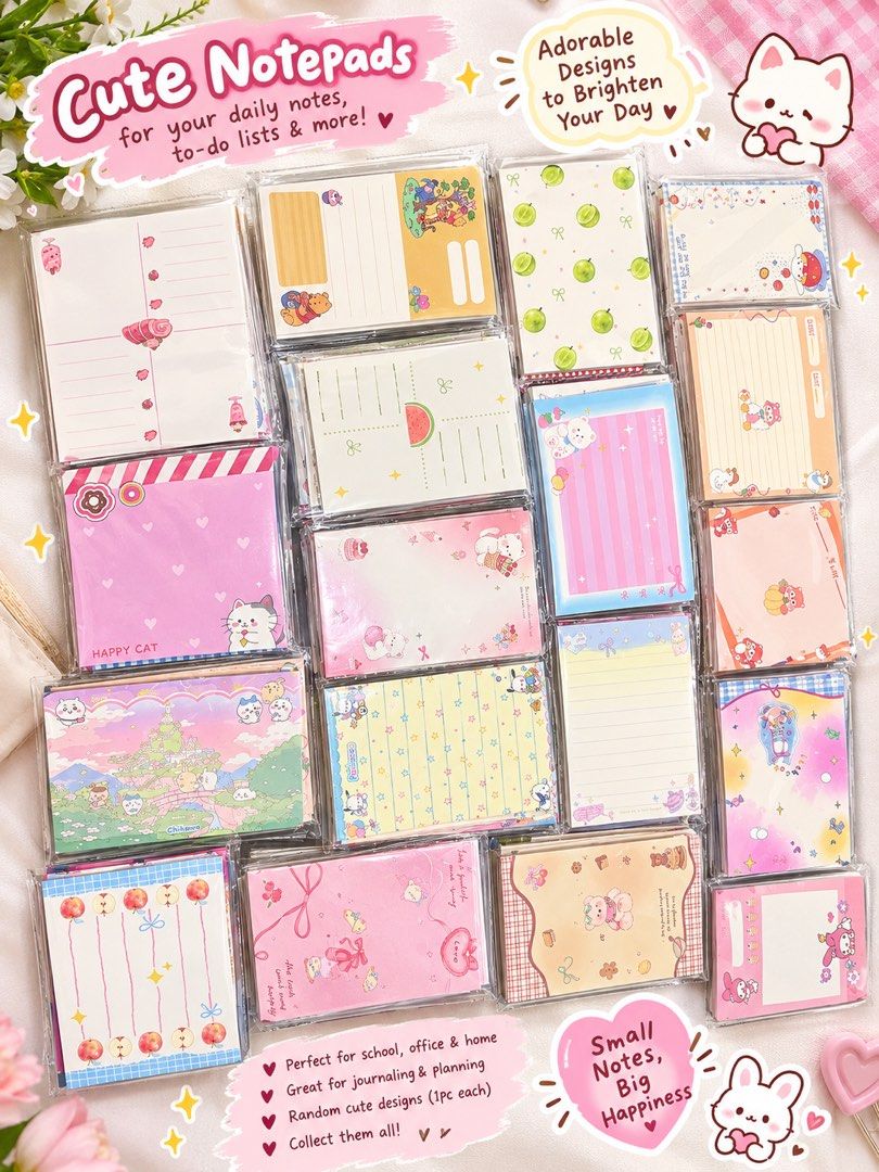 Cute Memo Notepads (Category: Stationery & School Supplies) located in Manila. Submitted by thepurpleelephant (Listing ID 1465280307, Image 2). Description: - Adorable designs: Sanrio, fruits, desserts, cats, dogs, Maltesers, bears, Snoopy, Doraemon, and Shin Chan - Perfect for daily notes, to-do lists, journaling, school, office, and home use - Price: ₱25 each - Promo Deals: Buy 5 Get 1 Free, or Buy 10 Get 2 Free - Message us to check available 