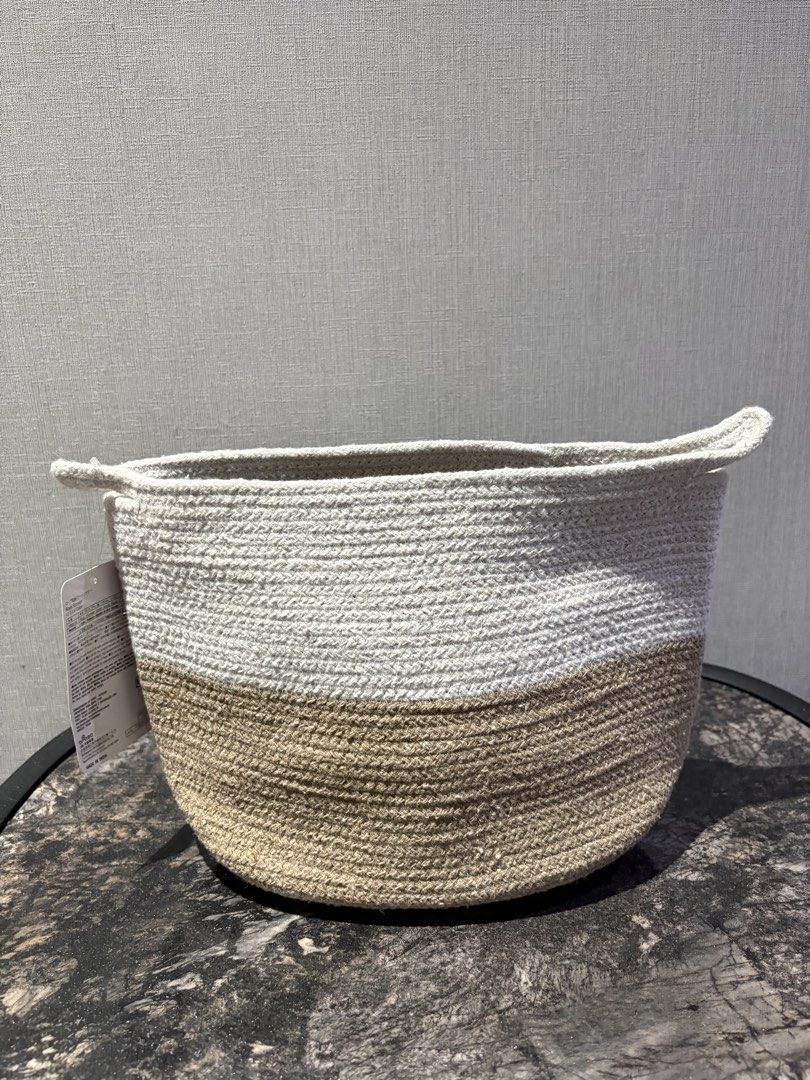 Two-Tone Rope Fabric Storage Baskets Container Made in India (Category: Storage Boxes & Baskets) located in Manila. Submitted by foundhouseph (Listing ID 1465358704, Image 3). Description: - Price: 80each. - Material: Eco-friendly recycled thread (two-tone design) - Size: Approx. 24cm x 16cm x 20cm each - Colors Available: Grey, beige, and brown - Condition: Brand new, unused -Last pic for reference.
