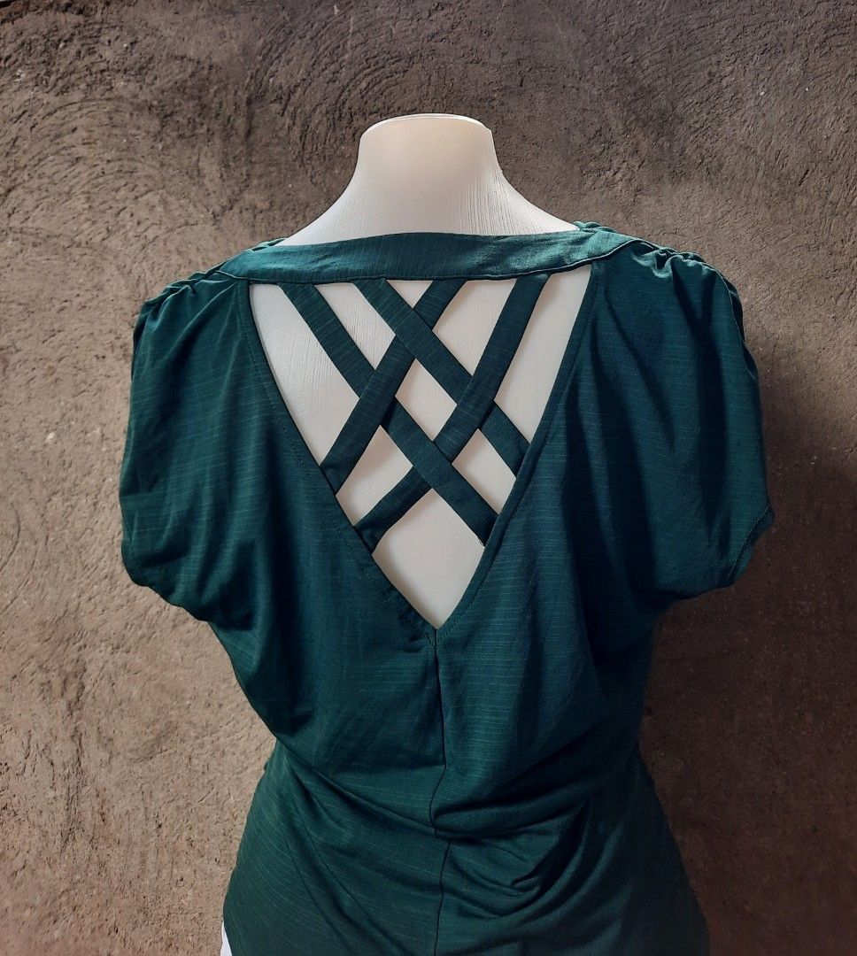 Dark Green Cowl Neck Top with Lattice Back (Category: Sleeveless) located in San Jose del Monte. Submitted by leslymhey (Listing ID 1465216217, Image 2). Description: - Color: Dark Green - Neckline: Elegant cowl front with a statement criss-cross lattice back - Fit: Flattering gathered side ruching - Fabric: Soft, stretchy, and drapes nicely .