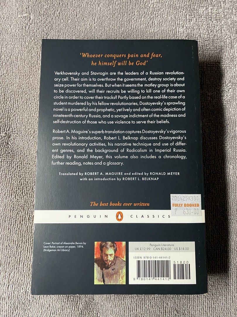 Demons by Fyodor Dostoyevsky Penguin Classics Paperback (Category: Storybooks) located in Manila. Submitted by prince_seere (Listing ID 1465238309, Image 2). Description: - Title: Demons by Fyodor Dostoyevsky - Edition: Penguin Classics Paperback - Cover Art: Clean artwork by Vasily Perov - Condition: Great addition to any bookshelf - Genre: Classic Russian Literature.