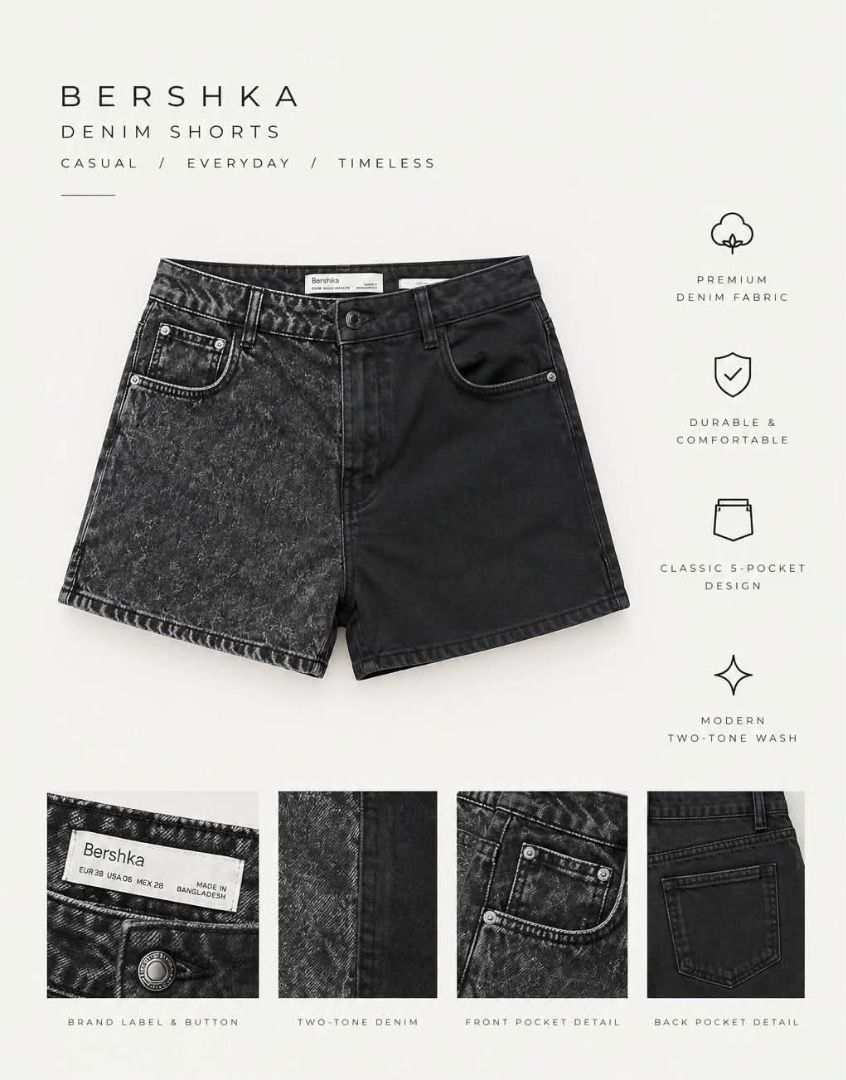 DENIM SHORTS (Category: Shorts) located in Caloocan City. Submitted by alniebase (Listing ID 1465295734, Image 1). Description: - Brand: Bershka - Style: Modern two-tone wash denim shorts - Material: Premium, durable, and comfortable denim - Design: Classic five-pocket layout (front and back) - Details: Signature brand label and button at the waistband - Condition: Excellent / Ready to wear.