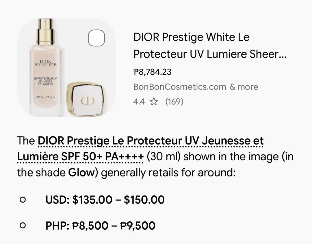 Dior Prestige LE Protector UV spf 50+ (Category: Makeup) located in Tanza. Submitted by ilovediyour (Listing ID 1465209242, Image 2). Description: 1 super small pump missing for swatch only Shade - glow.