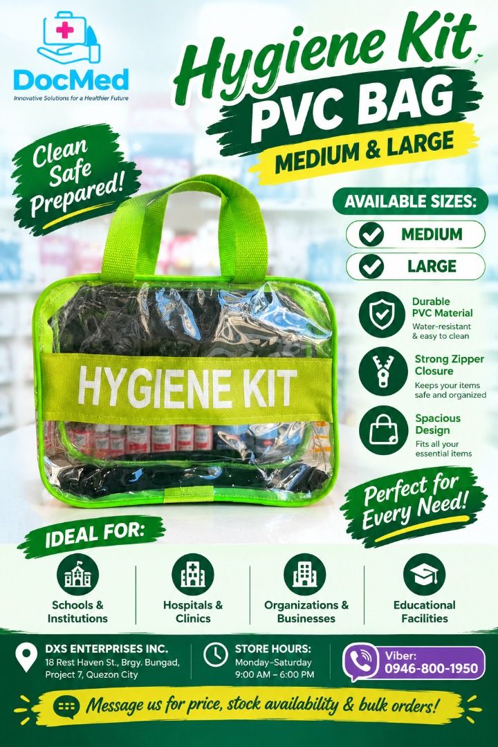 DOCMED HYGIENE KIT BAG LIGHT GREEN MEDIUM (Category: Medical Supplies & Tools) located in Quezon City. Submitted by zee_010200 (Listing ID 1465194093, Image 1). Description: - Clear PVC bag for hygiene kits. - Durable waterproof material keeps essentials organized with a strong zipper closure. - Bright green fabric handles and trim. - Great for schools, clinics, businesses, and institutions. Message for bulk orders and stock availability. - Heat 