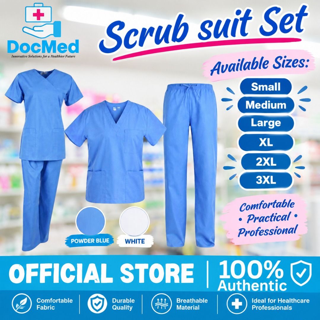 DOCMED SCRUB SUIT SET (Category: Sets or Coordinates) located in Quezon City. Submitted by zee_010200 (Listing ID 1465186676, Image 1). Description: - Colors available: Powder blue and white - Sizes: Small to 3XL - Set includes: Top and matching pants - Features: Comfortable fabric, breathable material, and durable quality - Ideal for: Healthcare professionals on long shifts.