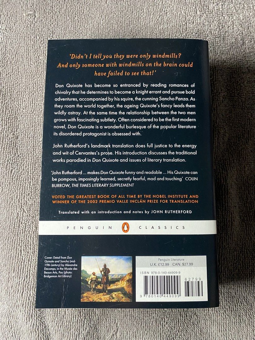 Don Quixote by Cervantes Penguin Classics Paperback (Category: Storybooks) located in Manila. Submitted by prince_seere (Listing ID 1465247202, Image 2). Description: - Title: Don Quixote by Miguel de Cervantes - Edition: Penguin Classics paperback - Condition: Clean pages, well-maintained spine with no major creases - Cover: Features iconic and collectible artwork - Ideal for: Literature enthusiasts, book collectors, and students.