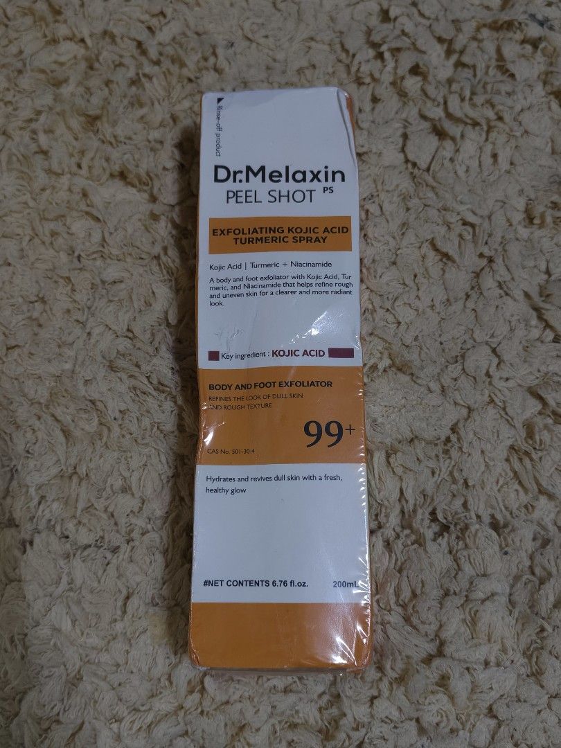 Dr. Melaxin Peel Shot Body Spray 200ml (Category: Body Care) located in Baguio. Submitted by sky_alexander143 (Listing ID 1465329377, Image 2). Description: - Product: Dr. Melaxin Peel Shot Body Spray - Size: 200ml bottle - Condition: Brand new - Key Benefit: Exfoliating kojic acid formula designed to target rough skin and smooth out texture - Expiry: 08/25/2028.