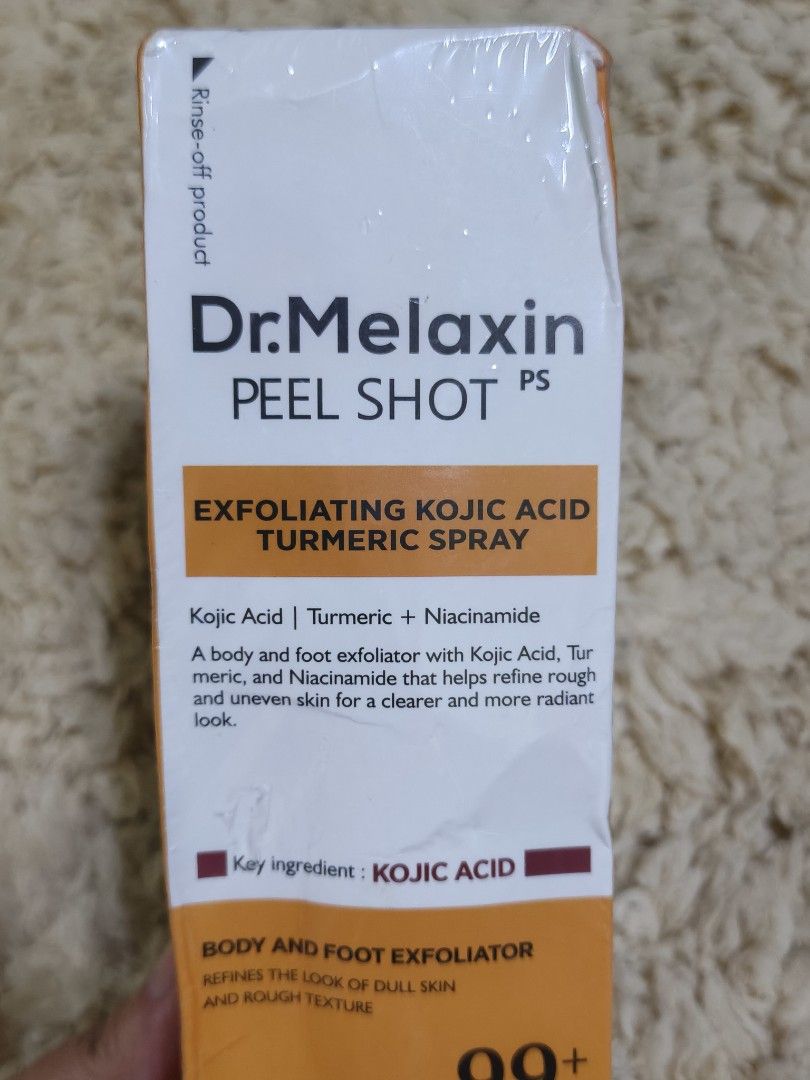Dr. Melaxin Peel Shot Body Spray 200ml (Category: Body Care) located in Baguio. Submitted by sky_alexander143 (Listing ID 1465329377, Image 1). Description: - Product: Dr. Melaxin Peel Shot Body Spray - Size: 200ml bottle - Condition: Brand new - Key Benefit: Exfoliating kojic acid formula designed to target rough skin and smooth out texture - Expiry: 08/25/2028.