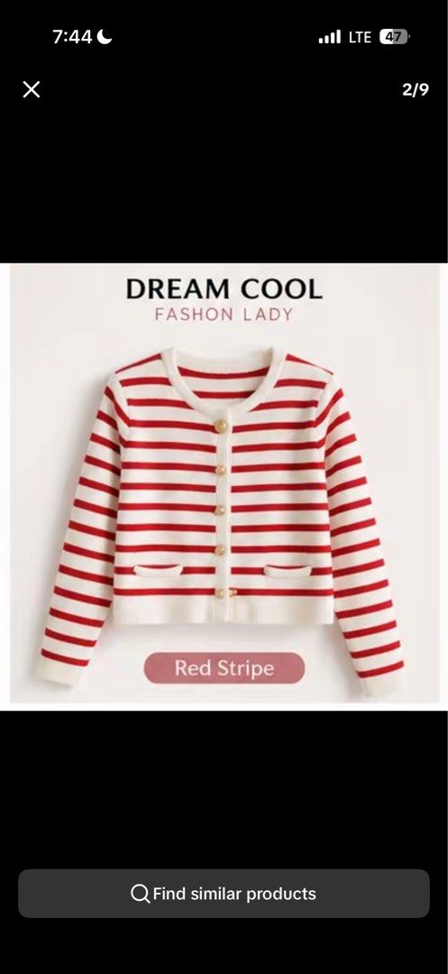 Dream Cool Red Stripe Cardigan (Category: Coats, Jackets and Outerwear) located in Cebu City. Submitted by sharontan24 (Listing ID 1465292163, Image 1). Description: Used only once - Brand/Style: Dream Cool red and white striped cardigan - Details: Round neckline, gold-tone front buttons, and two decorative pockets - Material: Soft, cozy knit fabric with ribbed cuffs - Fit: Standard fit, perfect for layering - Condition: Great for casual wear or 
