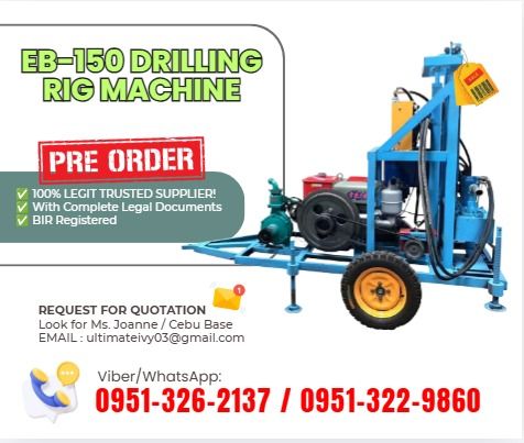 EB-150 Drilling Rig Machine 100M drill Pipes (50mm, 1.5m/pc) (Category: Construction Tools & Equipment) located in Caloocan City. Submitted by jynneyu68319 (Listing ID 1465212318, Image 1). Description: • Overall dimension: 1900*1100*2600 • drill weight: 600KG • Applicable voltage: 380V Diesel generators • Pump power: 2.2kw • Drill pipe length: 1.5M • Borehole diameter: within 400mm • Drilling rig power: 4000w • Drill pipe diameter: 50mm • Drilli