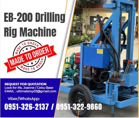 EB-200 Drilling Rig Machine Water Well Drilling Rig (Category: Everything Else Others) located in Malabon City. Submitted by moannataga43633 (Listing ID 1465211910, Image 1). Description: EB-200 Drilling Rig Machine Water Well Drilling Rig ₱490,944 120m drill pipe ₱170,112 • Overall dimension: 1900*1100*2600 • Drill weight: 620KG • Applicable voltage: 380V Diesel generators • Pump power: 2.2kw • Drill pipe length: 1.5M • Borehole diameter: within
